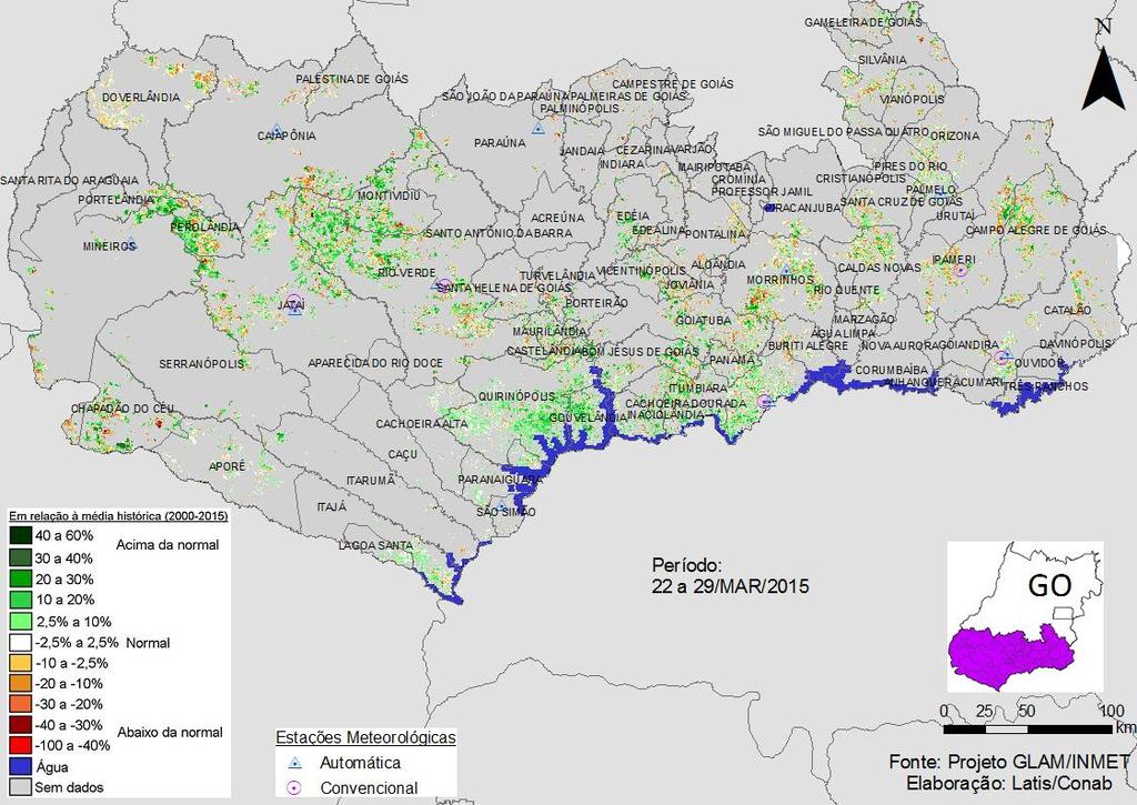 No gráfico de quantificação de áreas o formato das linhas vermelha e verde mostra uma característica peculiar da região: muitas lavouras com alto e também com baixo padrão de desenvolvimento, nesta