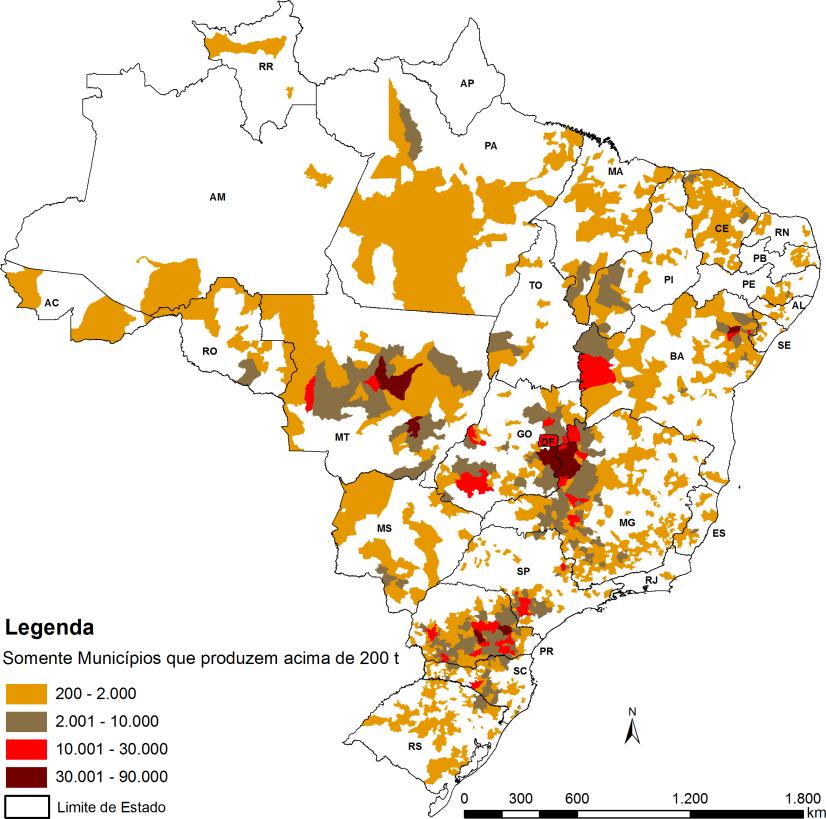 Figura 28 Mapa da produção agrícola Feijão total (primeira, segunda e terceira safras) Fonte: Conab/IBGE. 8.1.4.5.