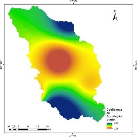 A B C Figura 2. Distribuição espacial do coeficiente de correlação na bacia do rio Japaratuba para escalas temporais: (A) diária, (B) decendial e (C) mensal.