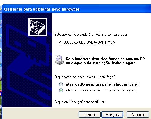 Logo que o cabo foi plugado, aparecerá a seguinte mensagem na tela do PC, que é o assistente para adicionar hardware no Windows XP (figura 1): Figura 1 assistente para adição de hardware WIN XP Na