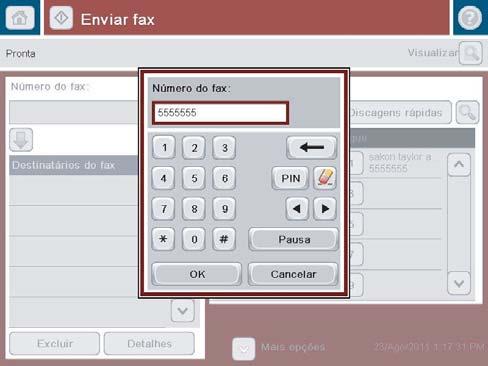 4. Toque no campo Número de fax para abrir o teclado. 5. Insira um número de telefone e toque no botão OK. 6. Toque no botão Iniciar para enviar o fax.