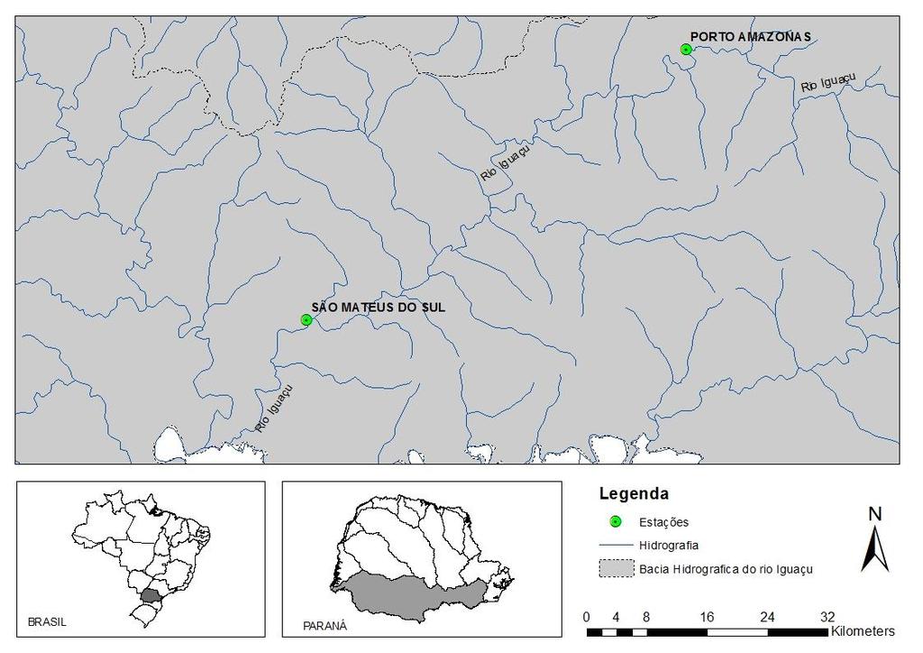 Figura 1 Bacia hidrográfica do rio Iguaçu e estações fluviométricas utilizadas no estudo Tabela 1 Características das estações fluviométricas utilizadas no estudo de caso Código Nome Latitude (S)