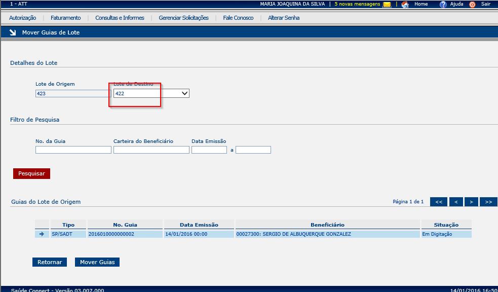 Descrição: Mover uma guia para um lote existente.