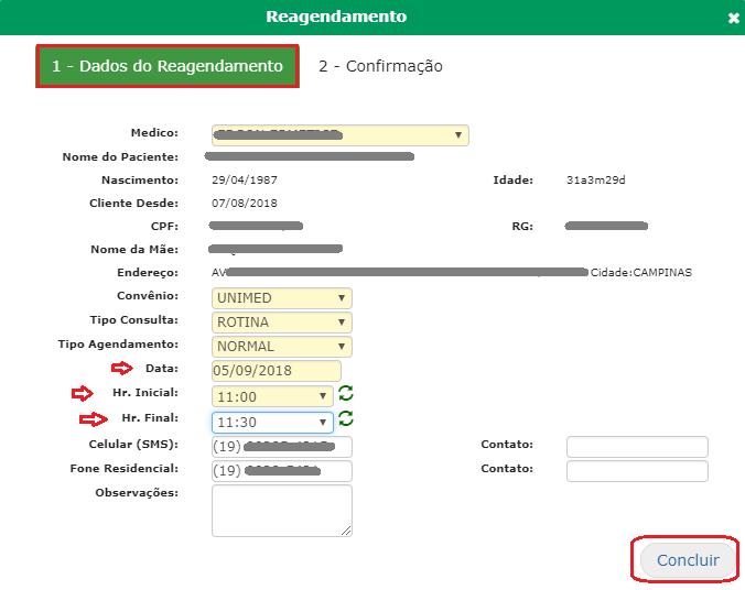 mouse a opção Reagendar Alterar