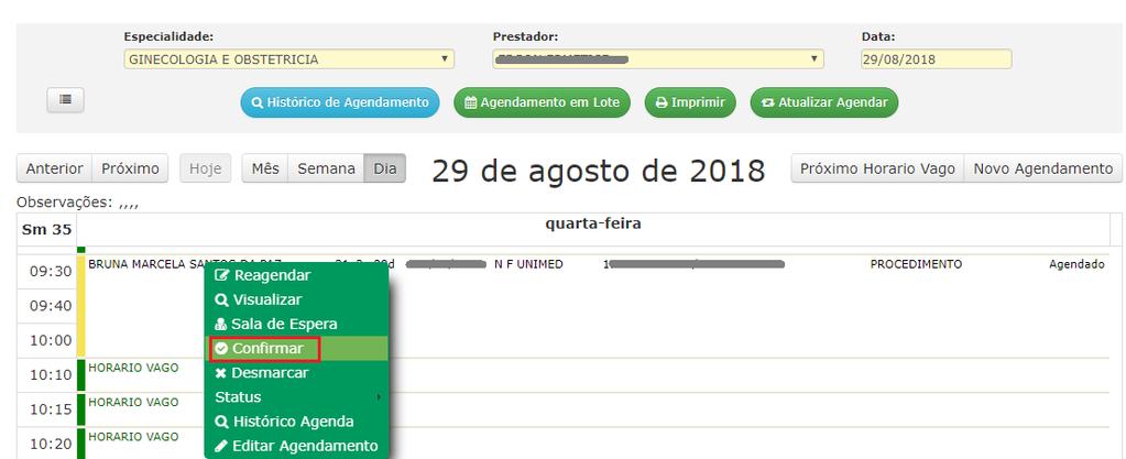 Confirmando o agendamento : No menu