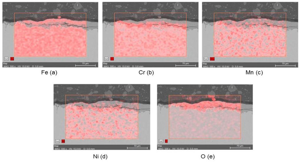 58 Figura 22 Mapa elementar obtido por EDX da seção transversal do aço AISI 304 após oxidação cíclica a 850 C A Figura 23 mostra o difratograma de raios-x feito na superfície do aço AISI 304 após