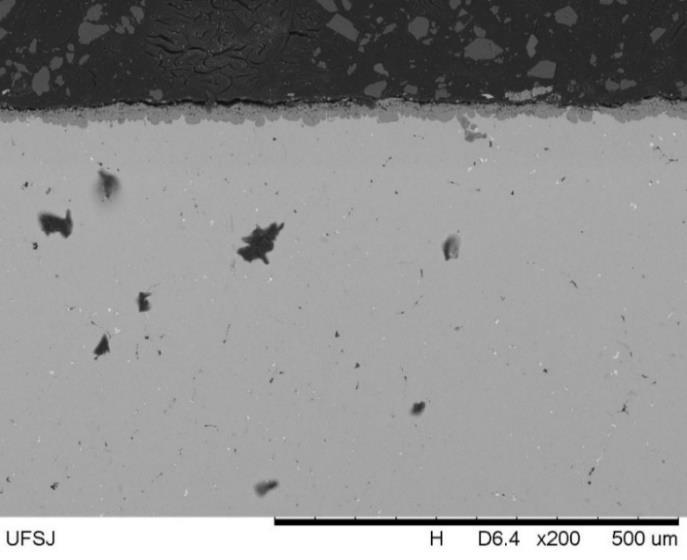 90 Resina Óxido Metal Figura 65 - Micrografia obtida por MEV da seção transversal da liga FeMnSiCrNiCe após oxidação cíclica a 950 C Na Figura 66 é apresentado o mapa elementar obtido por EDX da