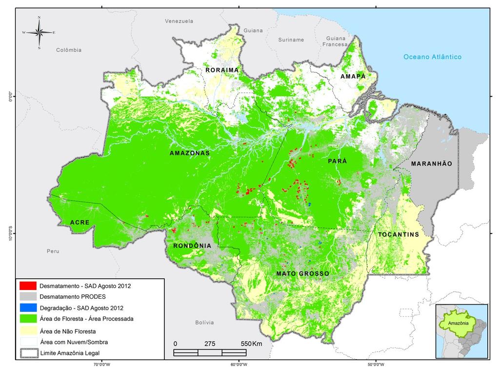 Agosto de 2012 Cobertura de Nuvem e Sombra Em agosto de 2012, foi possível monitorar com maior cobertura de nuvem foram Roraima com o SAD 84% da área florestal na.