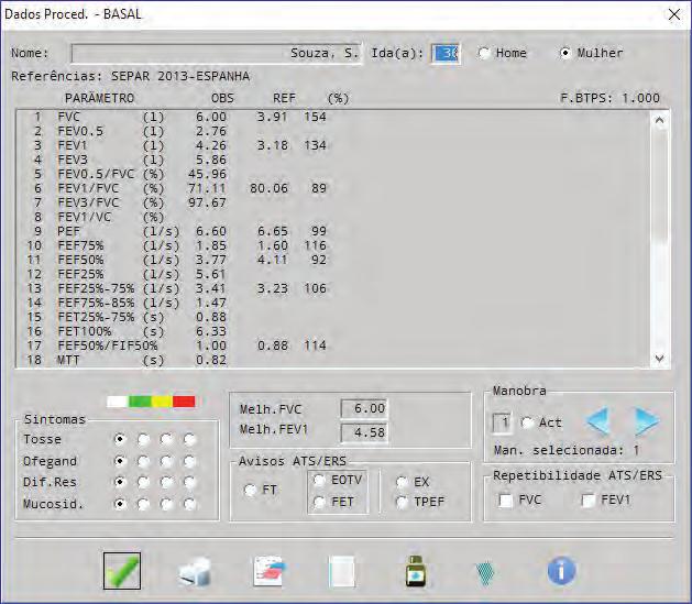 Manual do Software SIBELMED W20s 145 Quando efetuadas as manobras adequadas, pressione o ícone «DATA». As manobras são comparadas com os valores de Referência do paciente.