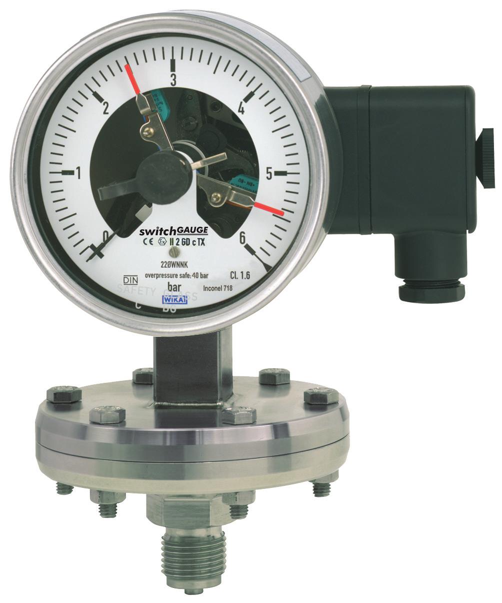 Medição mecatrônica de pressão Manômetro com diafragma e contatos Modelo 432.56, alta proteção contra até 100 bar Modelo 432.36, versão de segurança, até 400 bar Folha de dados WIKA PV 24.