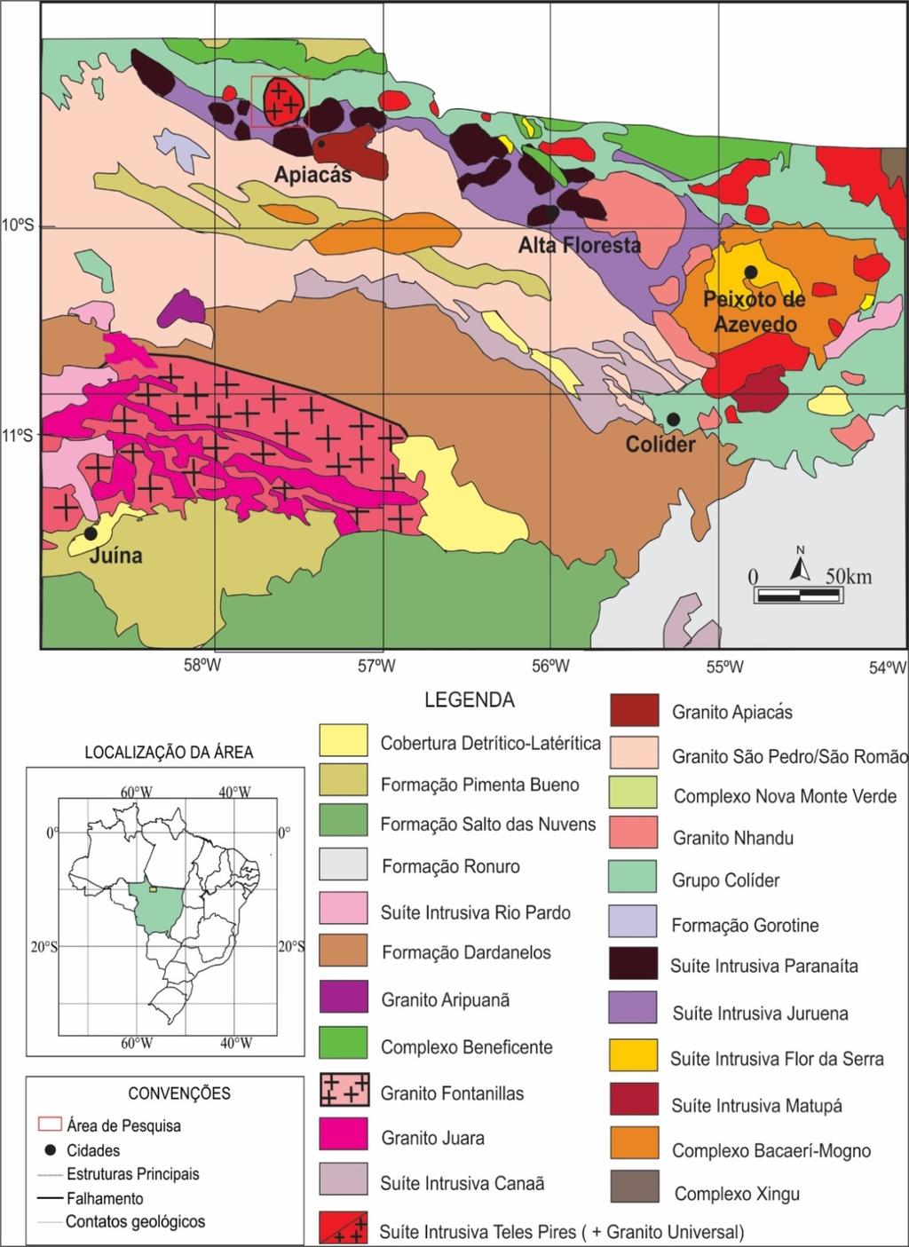 Figura 2 - Mapa Geológico do norte do estado de Mato Grosso e localização da área estudada (mod. Lacerda Filho et al., 2004).