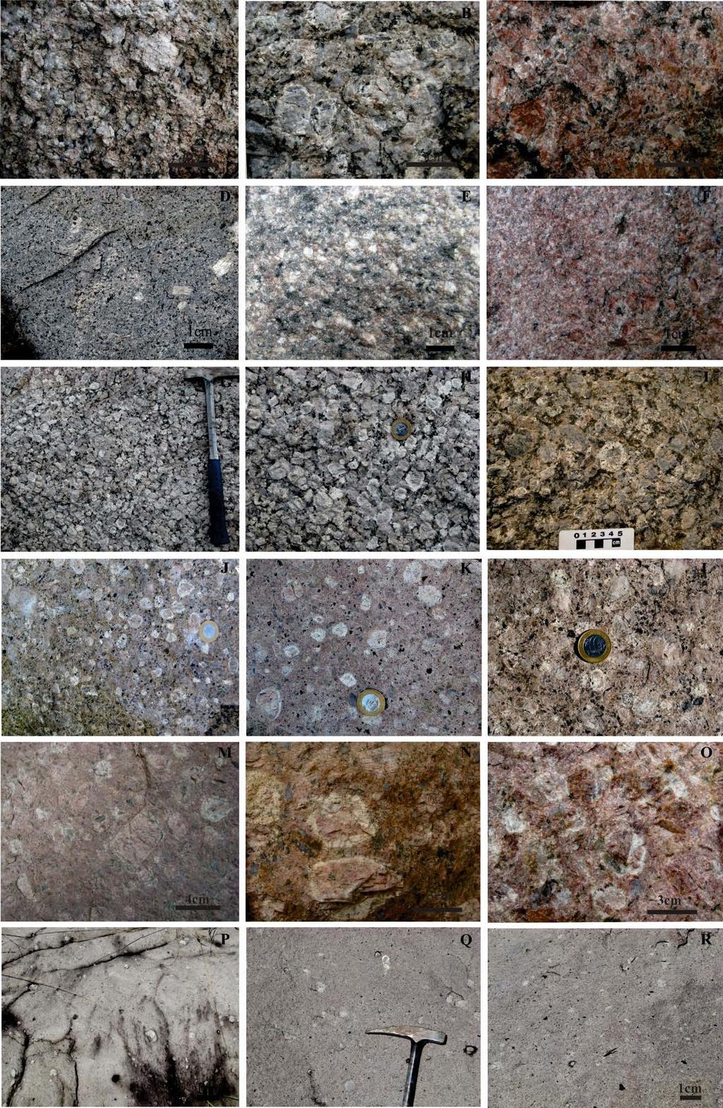 Figura 4 - Fotografias dos principais tipos petrográficos de rochas da Suíte Teles Pires (Granito Universal). A, B, C) Monzogranitos porfiríticos de matriz grossa.