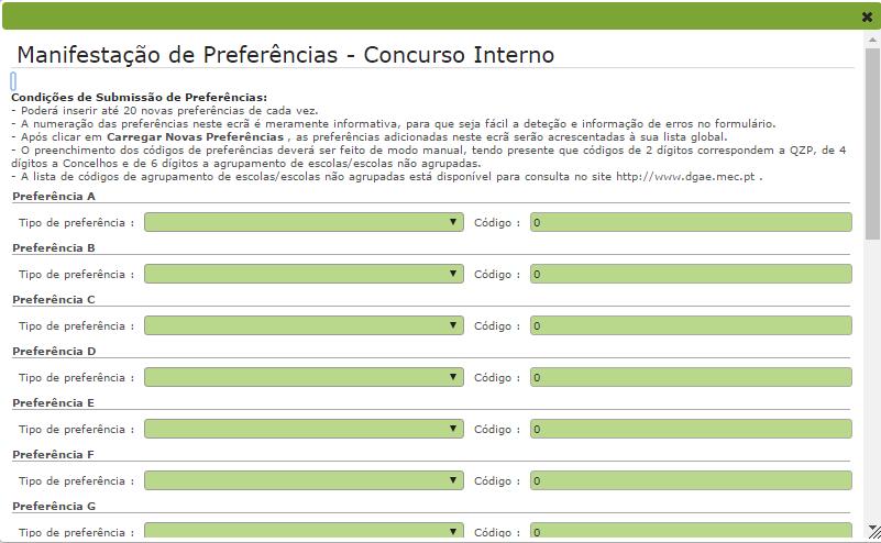 Imagem 33 Manifestação de Preferências Preenchimento Para iniciar o processo, o docente deverá carregar no botão um novo ecrã onde deverá introduzir os códigos pretendidos.