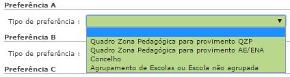 QA/QE), Quadro de Zona Pedagógica para provimento AE/ENA (concorre a todos os AE/ENA inseridos no AE/ENA do QZP), Concelho (concorre a todos os AE/ENA inseridos no Concelho) ou AE/ENA.