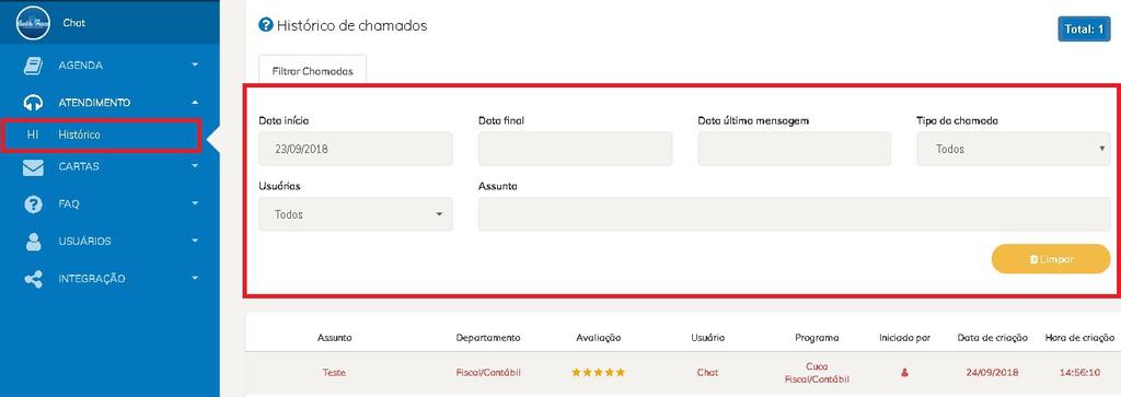 3 - Histórico O Histórico de Chamados, é responsável por demonstrar os registros dos chamados onde status, esteja