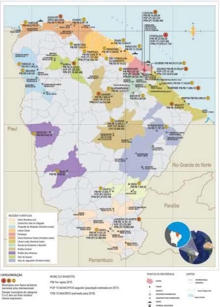 40 Mapa 06 Regiões Turísticas do Ceará, foco Categorização dos Municípios, População, FPM, PIB, IDH. Fonte: https://cidades.ibge.gov.br Ministério do Turismo; DER 2017-Elaboração da Consultora.