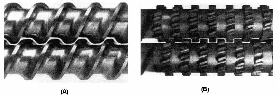 12 Figura 4 Tipos de roscas usadas em uma extrusora de rosca dupla: (a) rosca convencional, (b) rosca de alto cisalhamento.