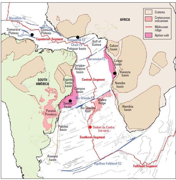 24 ZFRG até a Zona de Fratura de Ascension (ZFA) e o Segmento Equatorial, que se desenvolve desde a ZFA até a Zona de Fratura de Marathon (ZFM).