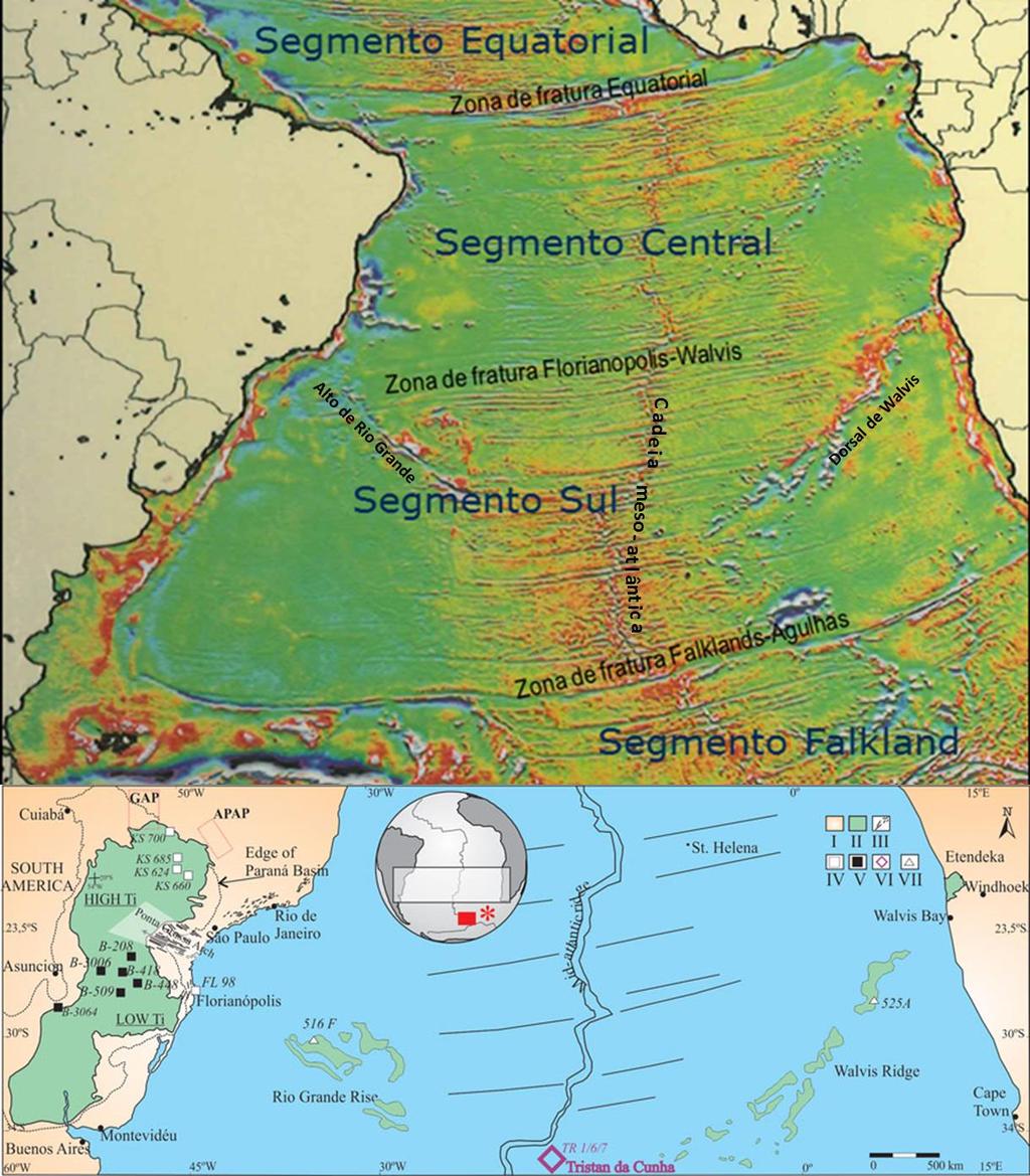 25 Figura 14: Acima: Mapa gravimétrico de ar livre (GEOSAT) do Atlântico Sul com a localização dos segmentos do Atlântico, aonde se evidencia a cadeia meso-atlântica e as zonas de fratura que a