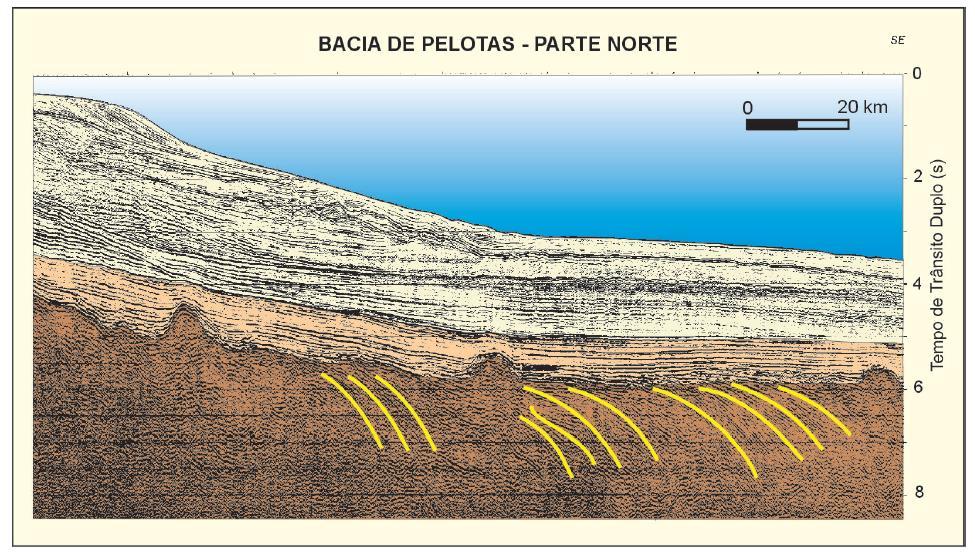 26 mar reconhecidos em seções sísmicas nas bacias de Pelotas, Punta del Este, Orange e Walvis e interpretados como, principalmente, de origem vulcânica.