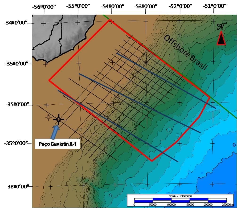 51 Figura 28: Localização da área de estudo (em vermelho) na Bacia de Pelotas, com a distribuição das linhas sísmicas 2D utilizadas no trabalho e a localização do poço Gaviotin X-1.