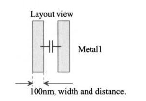 Exemplos de leiautes Capacitores apenas com camadas de metal. Efeito de franjas (efeito de borda) Capacitância entre metais da mesma camada. Tipicamente 50 af/ m vs.