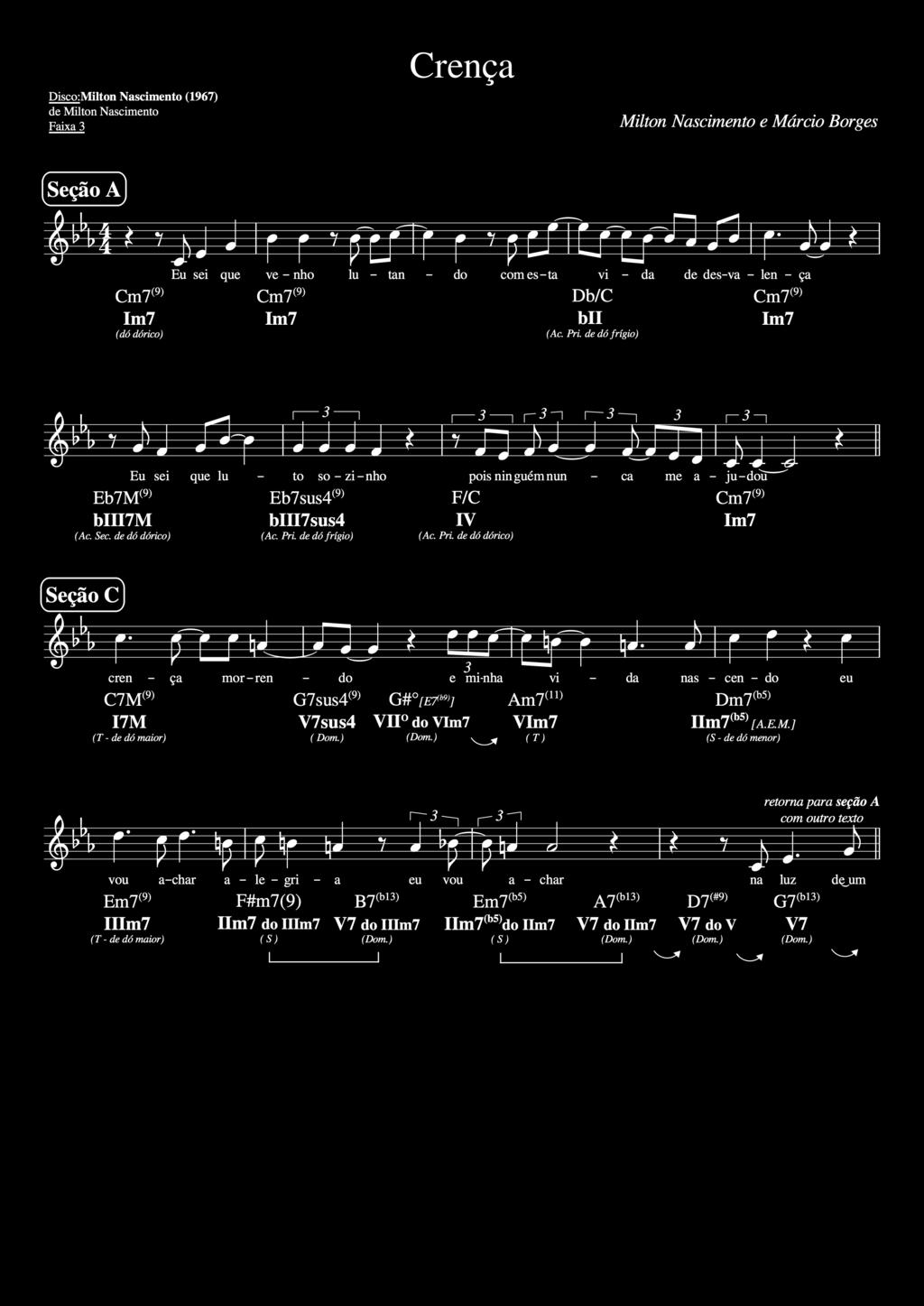 ! Ex. 5 - Seção A e Seção C da música Crença de Milton Nascimento e Márcio Borges. A sigla Ac. Pri. significa Acorde Primário do campo harmônico modal; Ac. Sec. = Acorde Secundário; T, S e Dom.