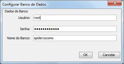 No exemplo da figura o nome de usuário escolhido é o default do MySQL, root, o que não impede de ser qualquer outro, desde que este usuário esteja cadastrado no banco de dados, a senha é spidercocomo