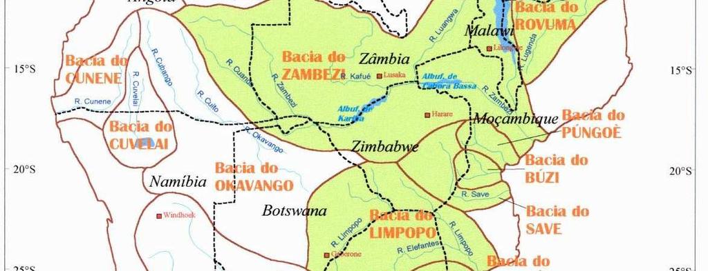 RECURSOS HÍDRICOS - Região SADC Bacias Partilhadas Buzi Congo Cunene Cuvelai Incomáti Limpopo Maputo Umbelúzi Orange Okovango Púngoè Rovuma Save
