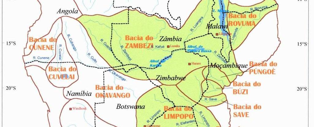 RECURSOS HÍDRICOS - Região SADC Bacias Compartilhadas Moçambique partilha 9 das 15 bacias