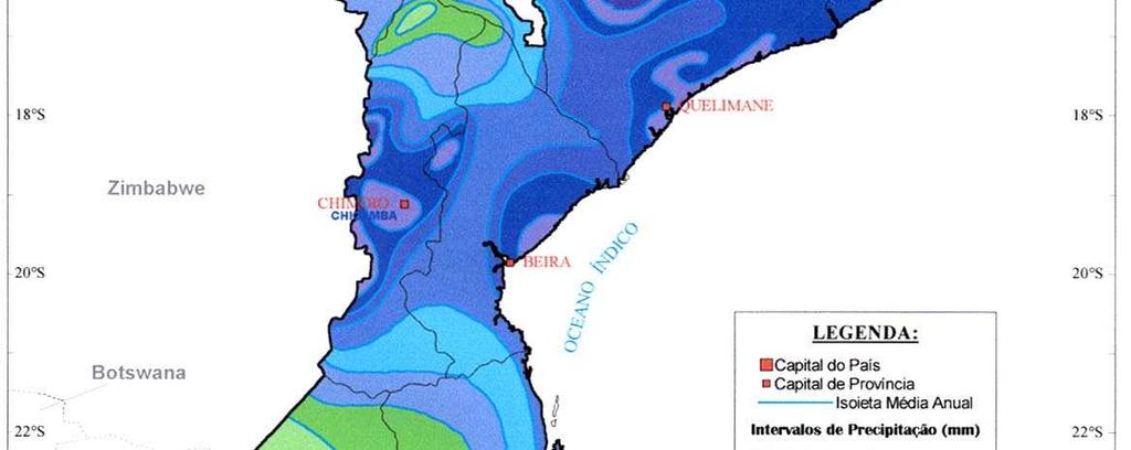 RECURSOS HÍDRICOS - MOÇ DISTRIBUIÇÃO DA PRECIPITAÇÃO MÉDIA ANUAL Caracterização Geral Moçambique tem cerca de 104 bacias