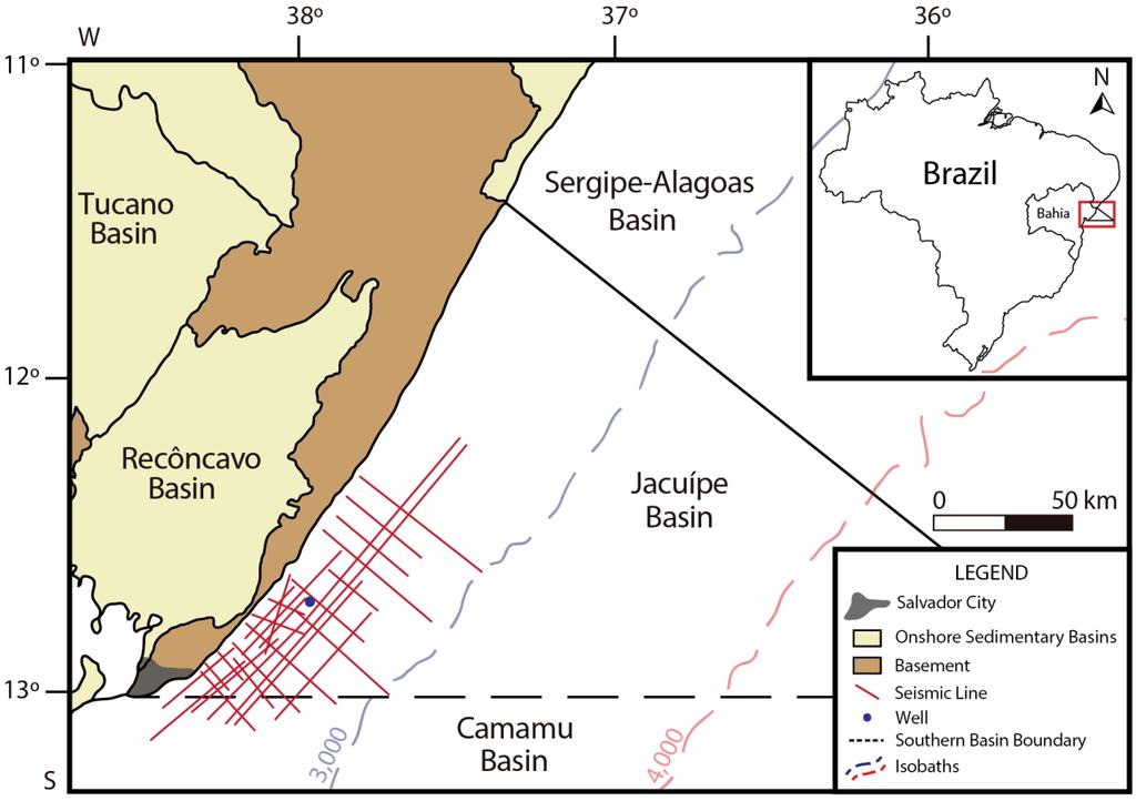 10 Figure 1: Location of Jacuípe Basin on the eastern Brazilian passive margin. The dataset of seismic lines marks the studied area. Colors and graphic features further on refer to these base map.