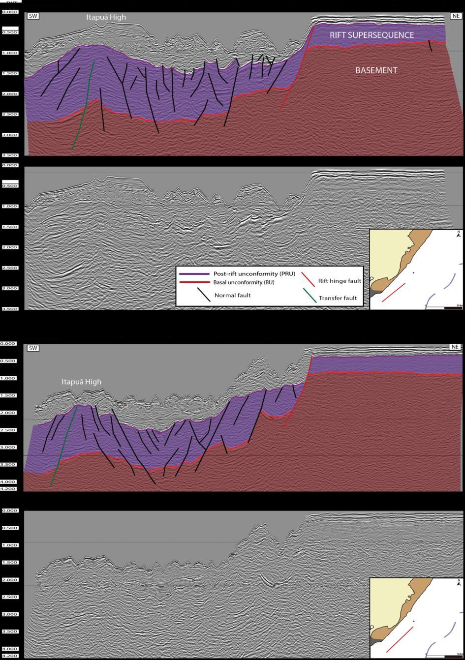 Figure 16: Strike seismic profiles depicting the Itapuã Transfer and Release Faults System.