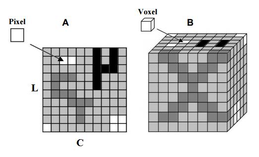 13 Figura 2.5.Representação de transformação de pixel em voxel. A resolução (R) da imagem tomográfica depende do tamanho do pixel no detector e do fator de magnificação geométrica (M).