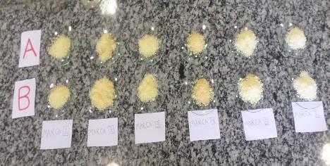 Figura2: Disposição das amostras de queijo parmesão ralado Fonte: Arquivo pessoal Sobre cada sub-amostra foram adicionados 10 ml de solução de Lugol