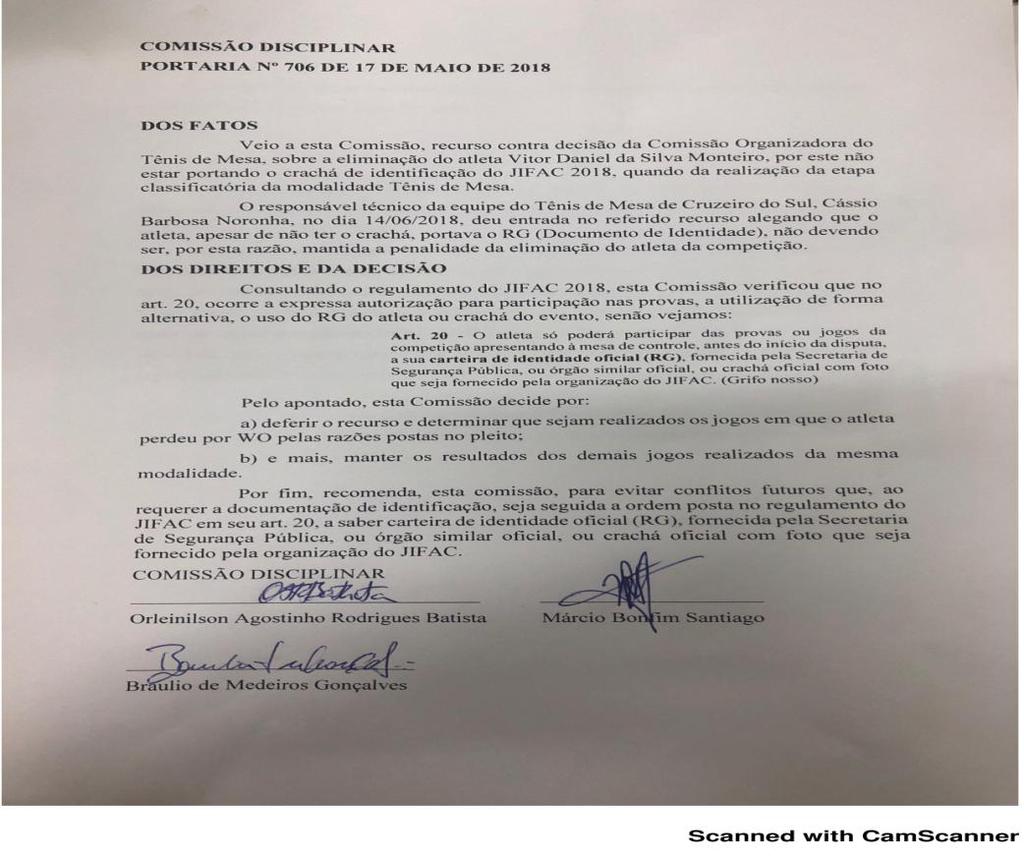 De acordo com a decisão da omissão Disciplinar, os resultados dos jogos do aluno Vitor Daniel, devem ser anulados e realizados no dia 15 de junho de 2018, sem prejuízo para o atleta.
