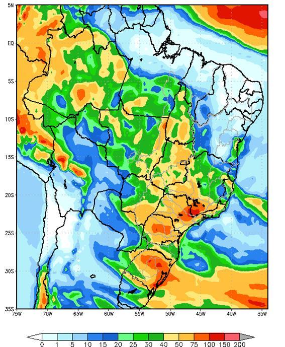 Figura 1 - Precipitação acumulada prevista pelo modelo ETA (CPTEC/INPE) para o período de 13 a 19/10/18 Nas bacias dos rios Paranapanema, Grande, Paranaíba e Iguaçu, e parte das bacias dos rios São