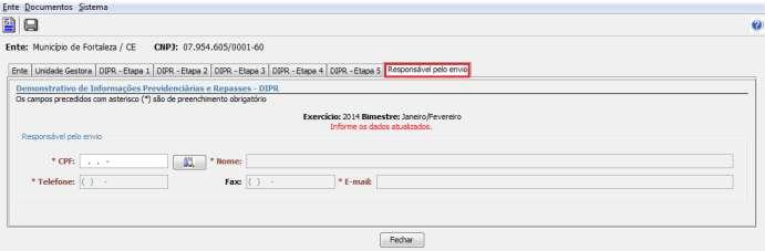 Registrar Informações de Responsável pelo Envio Caminho: Documentos Demonstrativo DIPR Criar Demonstrativo Responsável pelo Envio (Figura 12)A guia Responsável pelo Envio, é utilizada para registrar