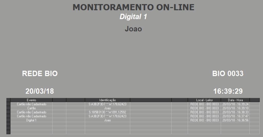 OBS: Os registros das leituras são realizados de cima para baixo, portanto, observe neste teste de leitura que a, primeira liberação foi realizada através da biometria(digital 1), a segunda