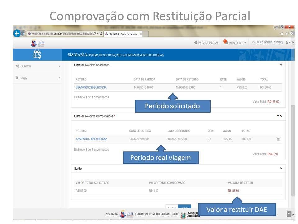 RESTITUIÇÃO PARCIAL Obs: A Aprovação da comprovação e baixa no SISDIARIA só será efetuada após envio do comprovante de pagamento original e