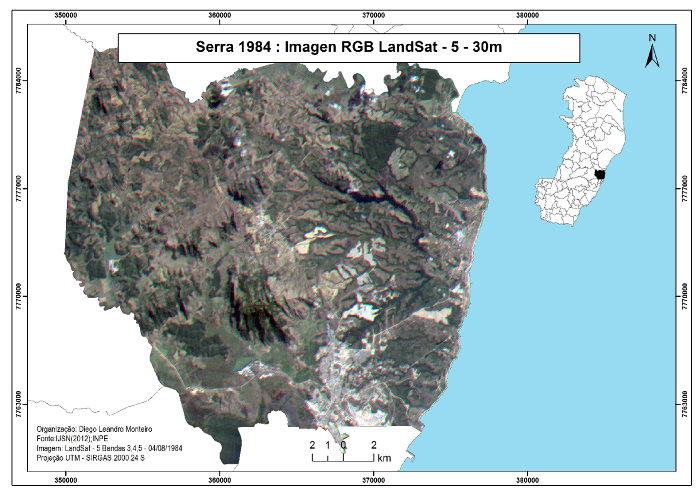 A esquerda imagem composta cor natural do Landsat-5 do Município da Serra em 1984 enquanto a direita o mapa de