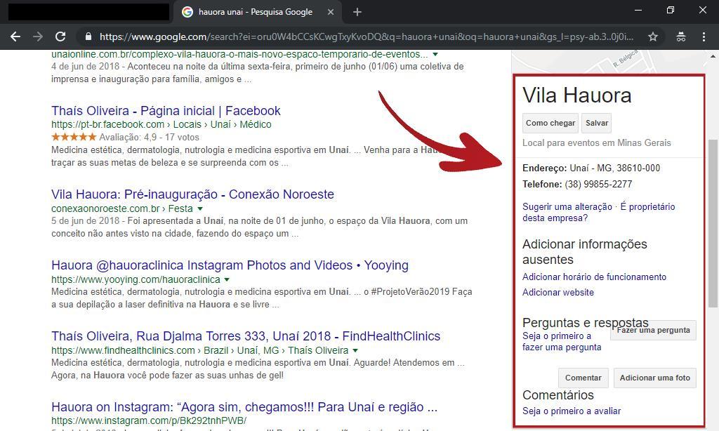 Como podemos ver na imagem acima do evento parceiro Vila Hauora, no Google meu negocio podem ser adicionadas informações de alta relevância para os usuários incluindo: Endereço com localização,