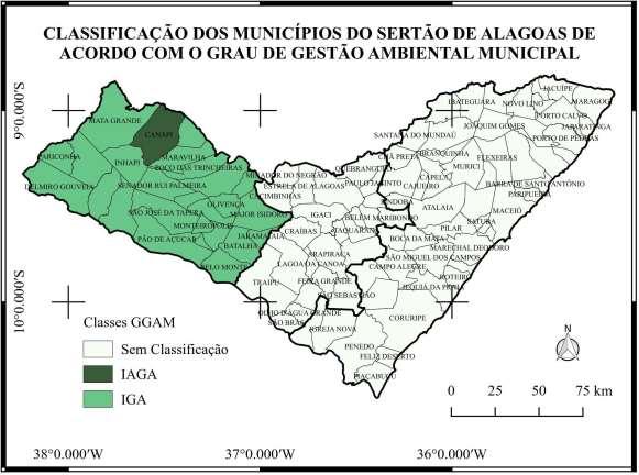 Mapa 01. Classificação dos municípios do sertão de Alagoas de acordo com o Grau de Gestão Ambiental Municipal (GGAM). Página 34 Fonte: Organizado pelos autores, com base nos dados da pesquisa, 2017.
