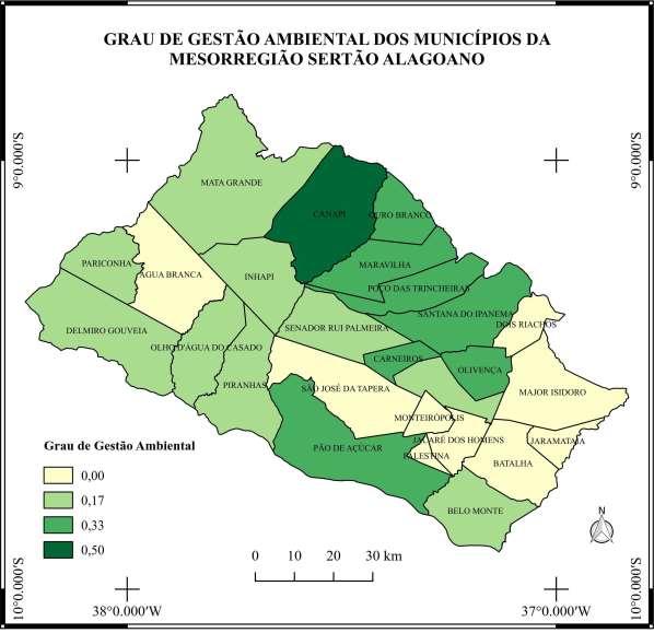 Mapa 02. Grau de Gestão Ambiental dos municípios da mesorregião sertão alagoano Página 35 Fonte: Organizado pelos autores, com base nos dados da pesquisa, 2017.