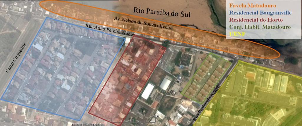 12 Mapa 1: Favela Matadouro e arredores Condomínio Residencial Bougainville, Condomínio Residencial do Horto, Conjunto Habitacional Matadouro e UENF (fonte: Google Earth, 2015).