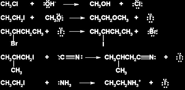 Substituição nucleofílica: há, nos reagentes, um nucleófilo (substância atraída por carga positiva).