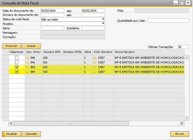 Selecione as notas fiscais desejadas e clique em Enviar para gerar o lote