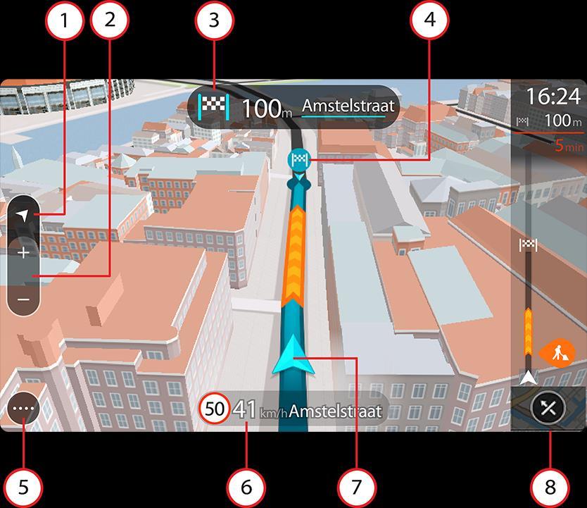 Sugestão: quando tiver planeado um percurso e for apresentada a Vista de orientação 3D, selecione o botão de vista para selecionar a vista do mapa e utilizar as funcionalidades interativas. 1.