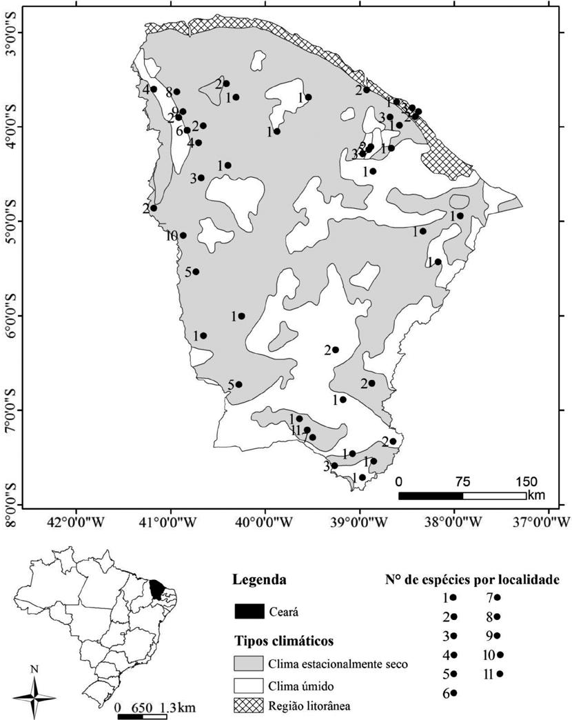 884 Cordeiro LS & Loiola MIB geograficamente espécies que ocorrem em climas úmidos e semiáridos, foram selecionadas as características climáticas de Köppen (1948) e associadas as localidades de