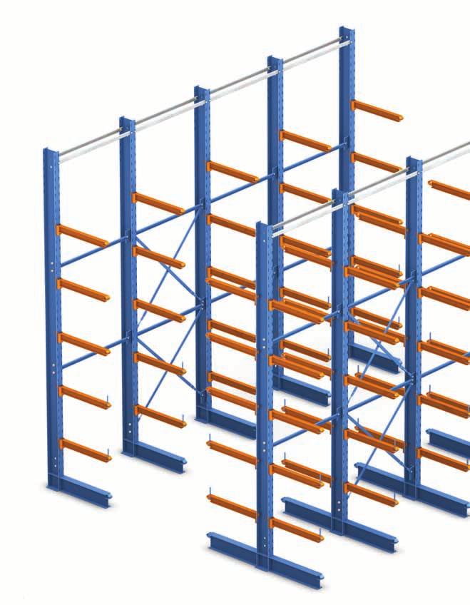 Estantes cantilever Cantilever pesada Estante similar à cantilever média mas com perfis e braços de maiores dimensões e com possibilidade de graduação dos níveis a cada 100 mm.